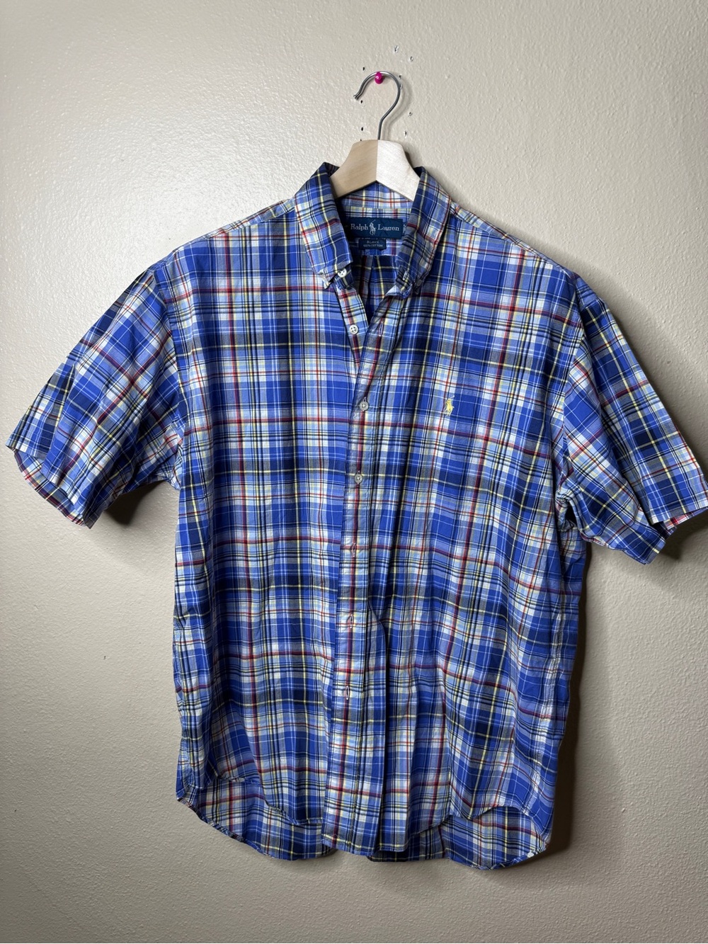 Ralph Lauren Mens XL Blake Shirt Blue Plaid Cotton Short Sleeve Button Down